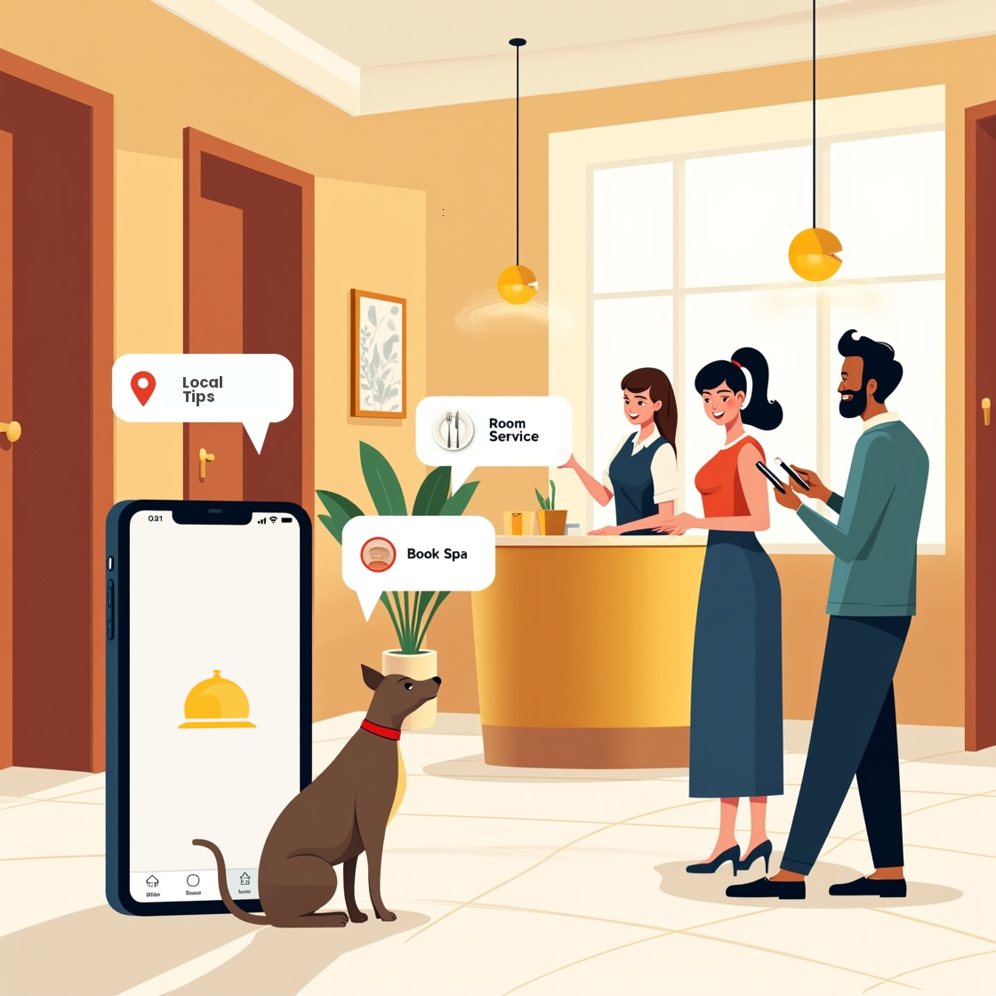 Illustration comparing different digital concierge apps on mobile devices