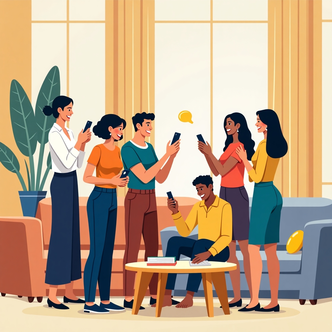 Illustration showing happy hotel guests using a digital concierge app