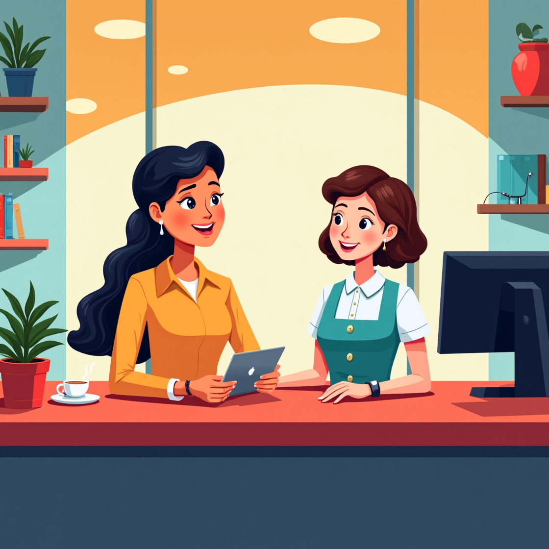 Illustration depicting the future of hotel technology with smart devices and AI interfaces