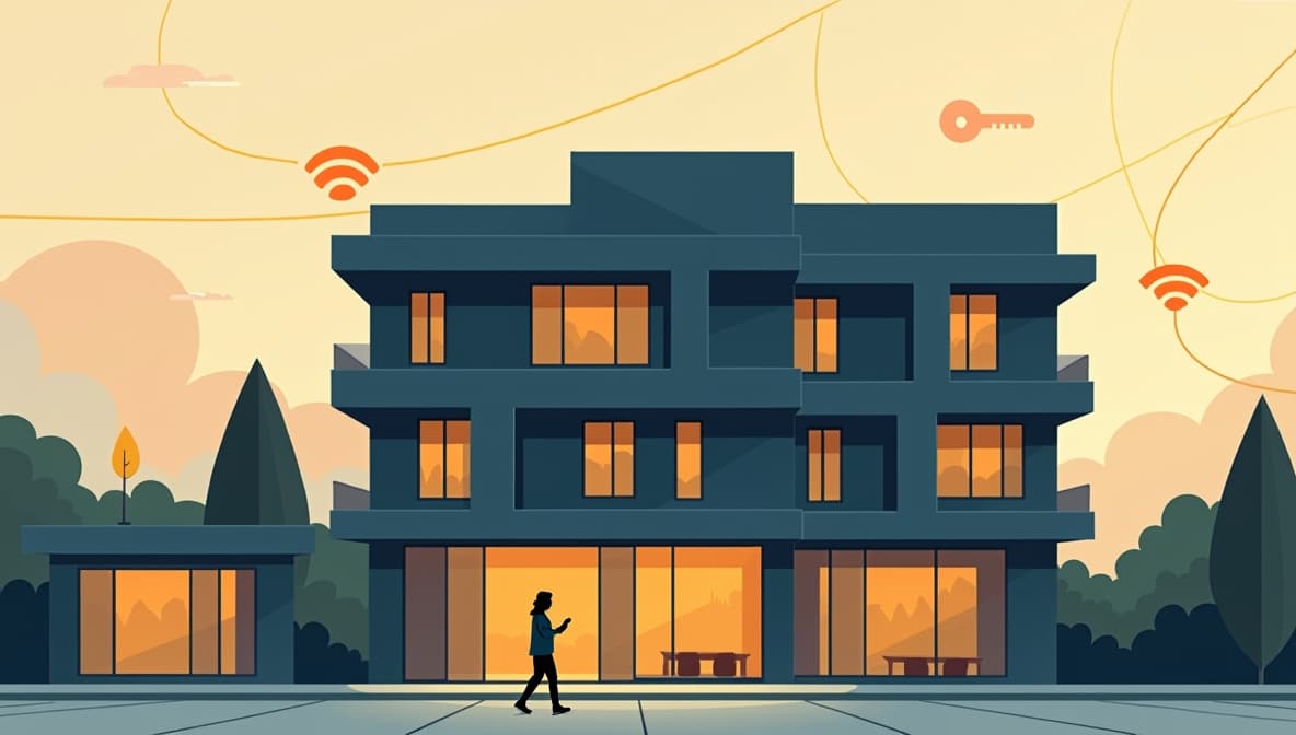 Illustration depicting the future of hotel technology with smart devices and AI interfaces