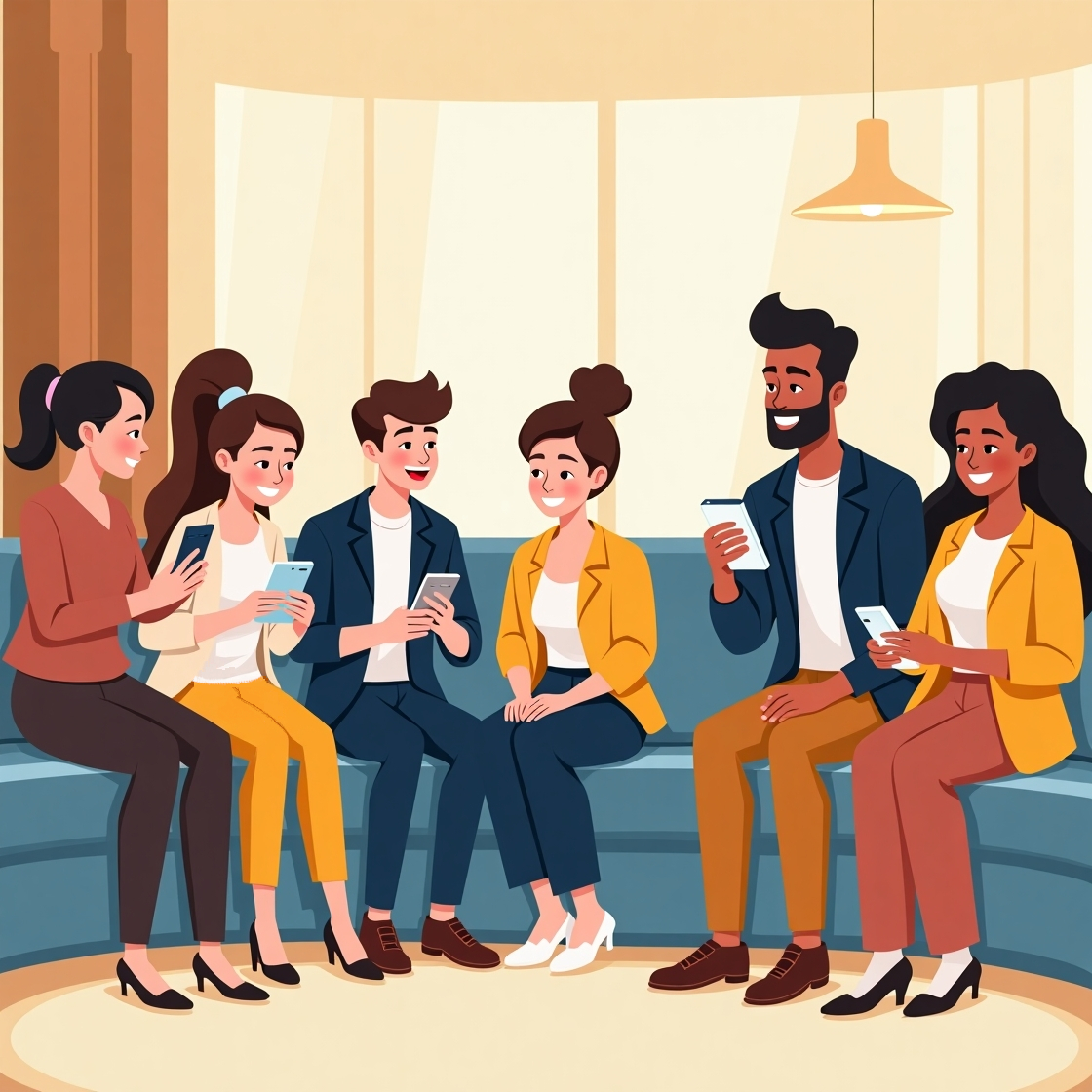 Guests in the lobby using a communication platform concierge app.