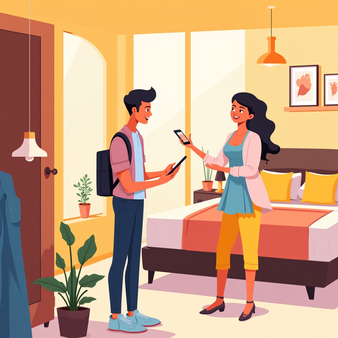 Illustration showing hotel staff interacting positively with guests using technology