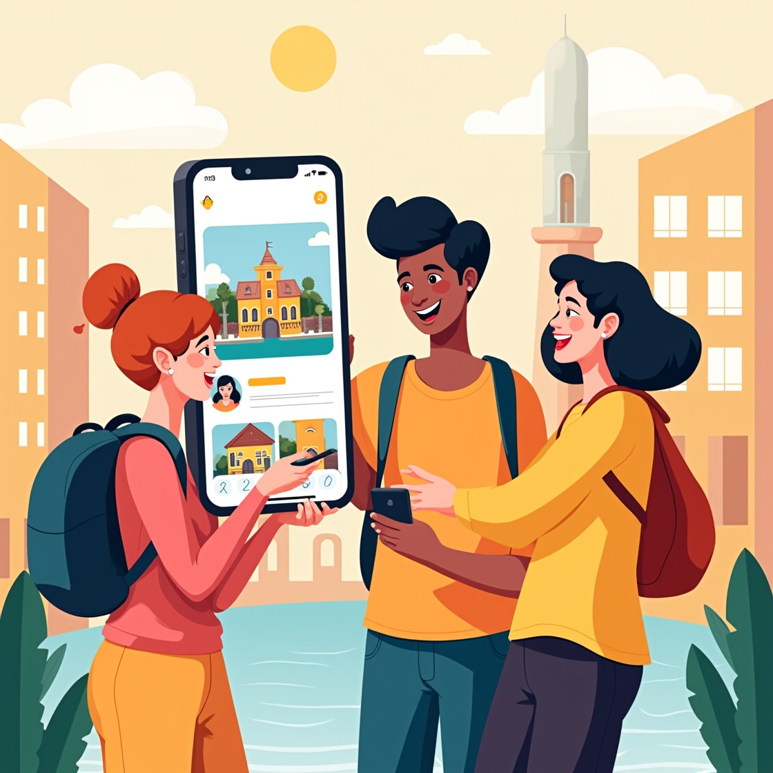 Guest happily using a smartphone app displaying personalized hotel recommendations