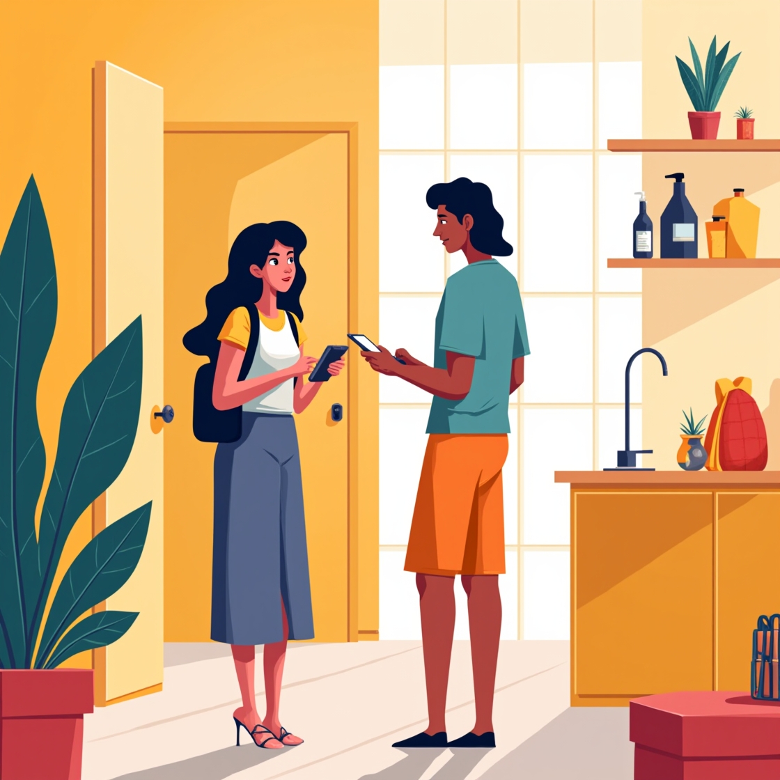 Illustration of a traditional concierge desk and a digital concierge app interface