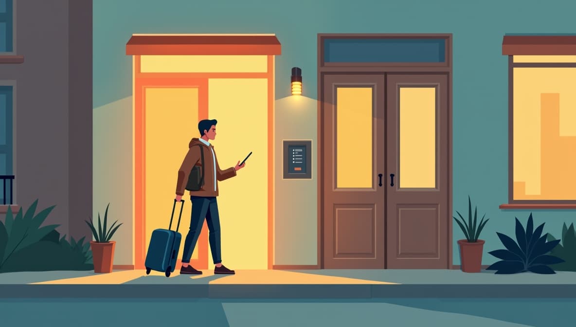 A guest with a suitcase reading the apartment entry instructions on their phone outside the building door at dusk
