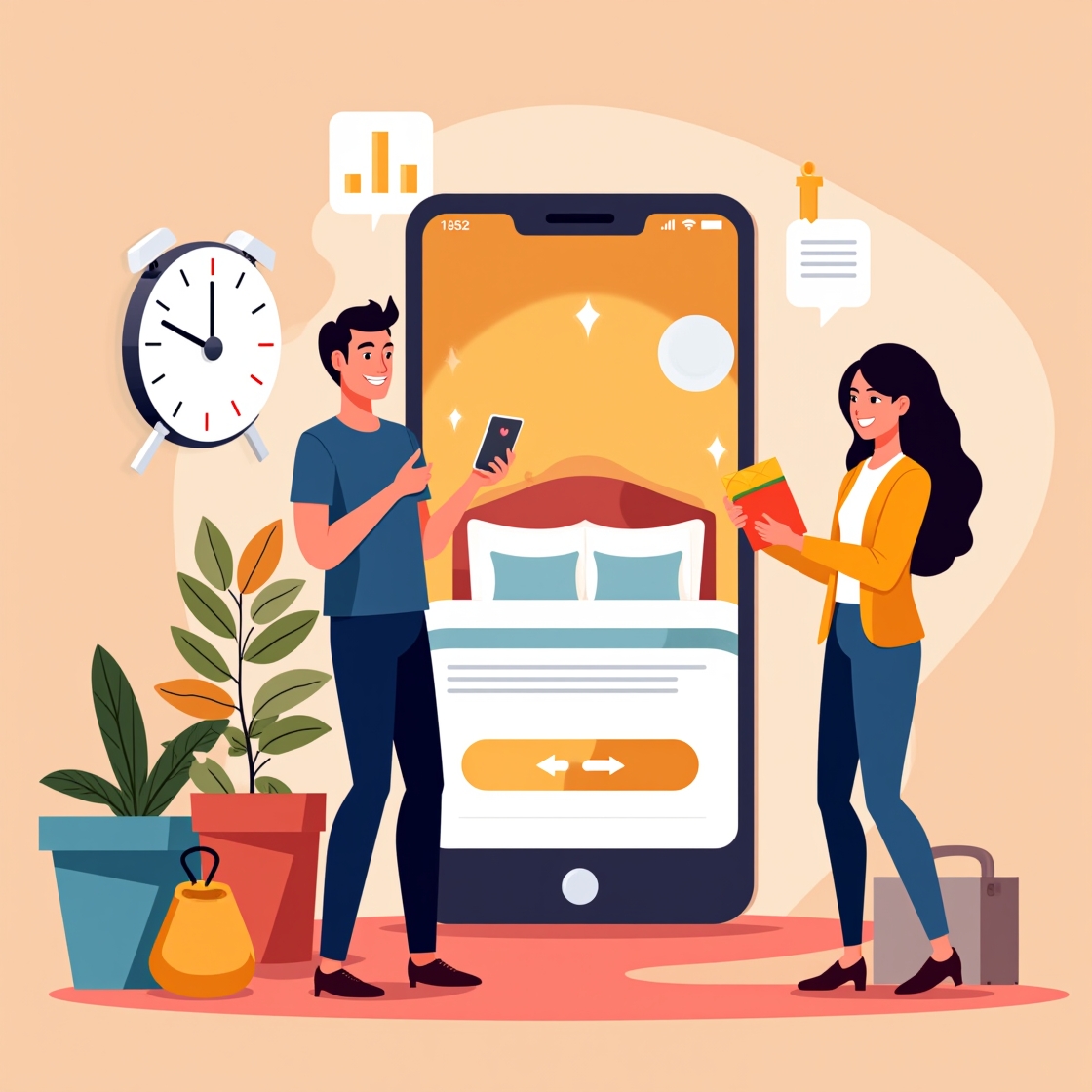 Illustration showing a digital concierge app on a smartphone