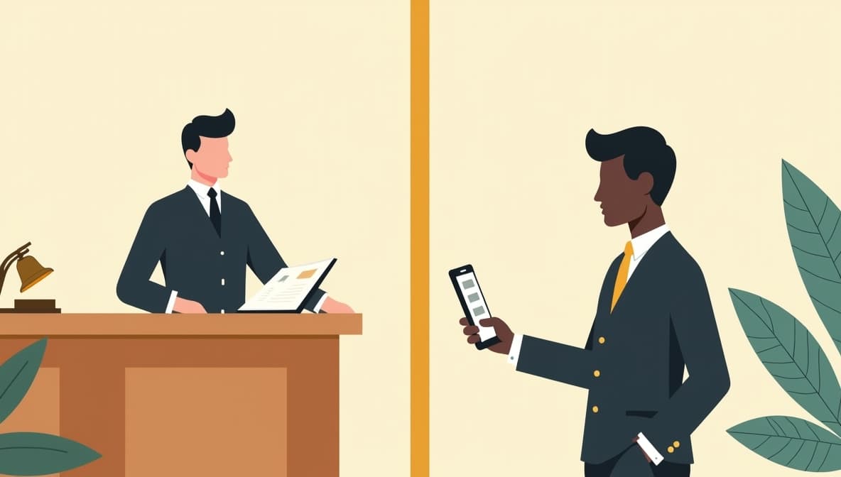 Illustration of a traditional concierge desk and a digital concierge app interface